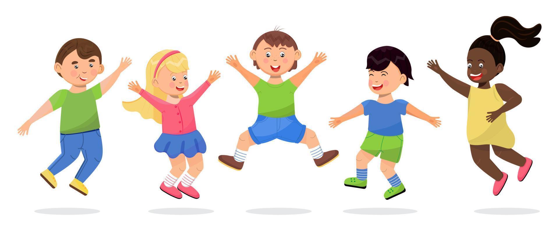 Happy school kids jumping. Cartoon children has fun, runs, jumps, plays. Boys and girls illustration vector isolated on white background. Diversity society, friendship, classmates