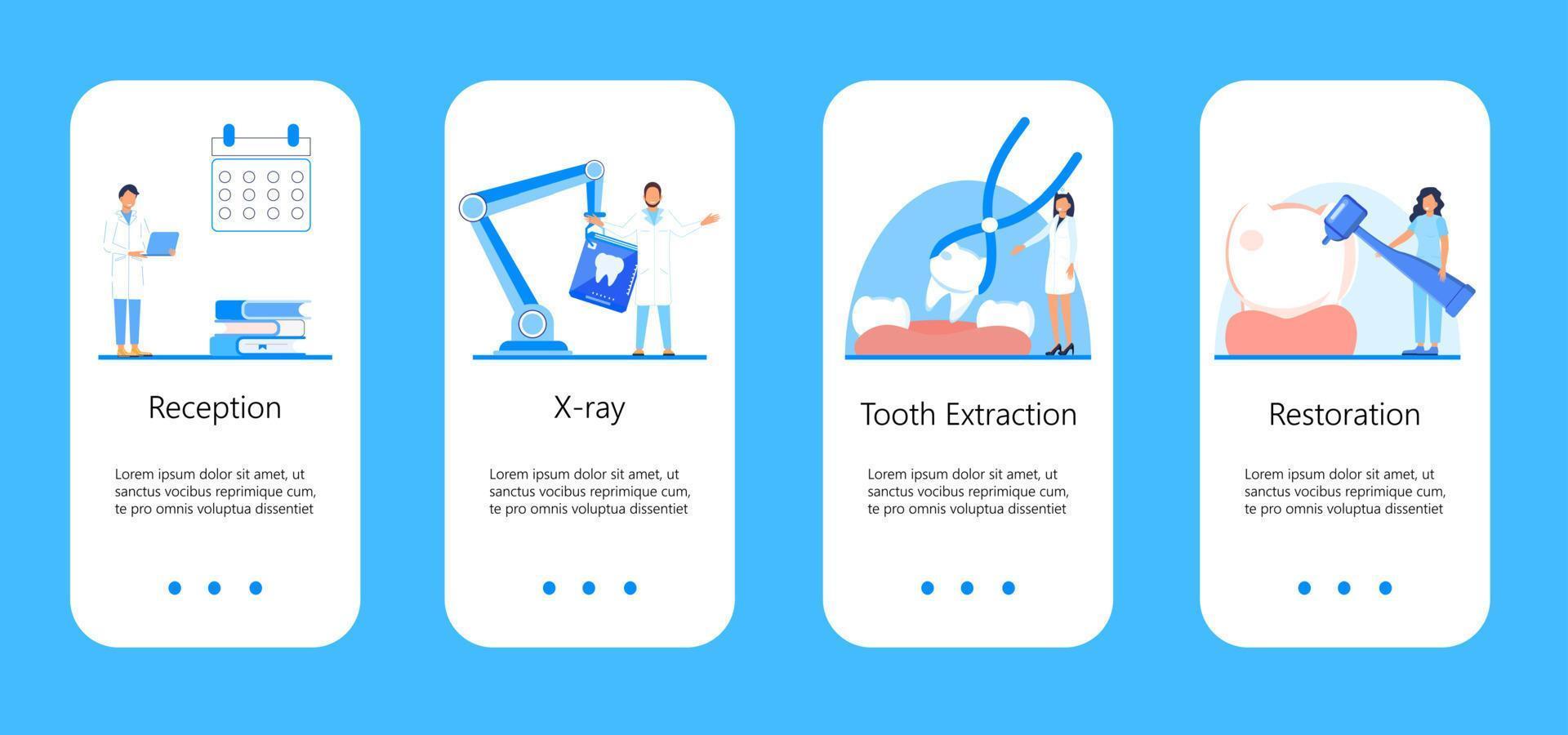 Dental services vector concept for app, social stories. Tiny dentists make x-ray scan of teeth. Whiten enamel or recovery implant concept.
