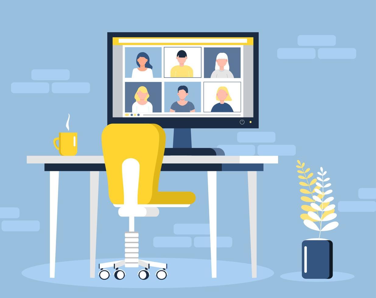 Remote school class is studying. Video call conference concept vector. Social distancing during quarantine. University online course illustration. Teleconference and webinar concept. vector