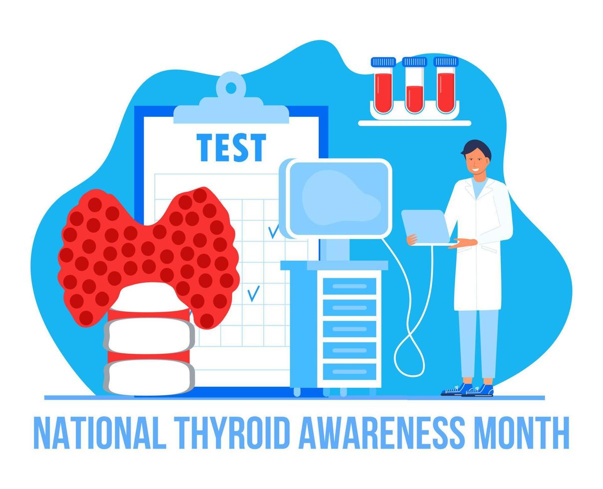 el mes de concientización sobre la tiroides se celebra en enero en estados unidos. vector de concepto de hipotiroidismo. los endocrinólogos diagnostican y tratan la glándula tiroides humana.