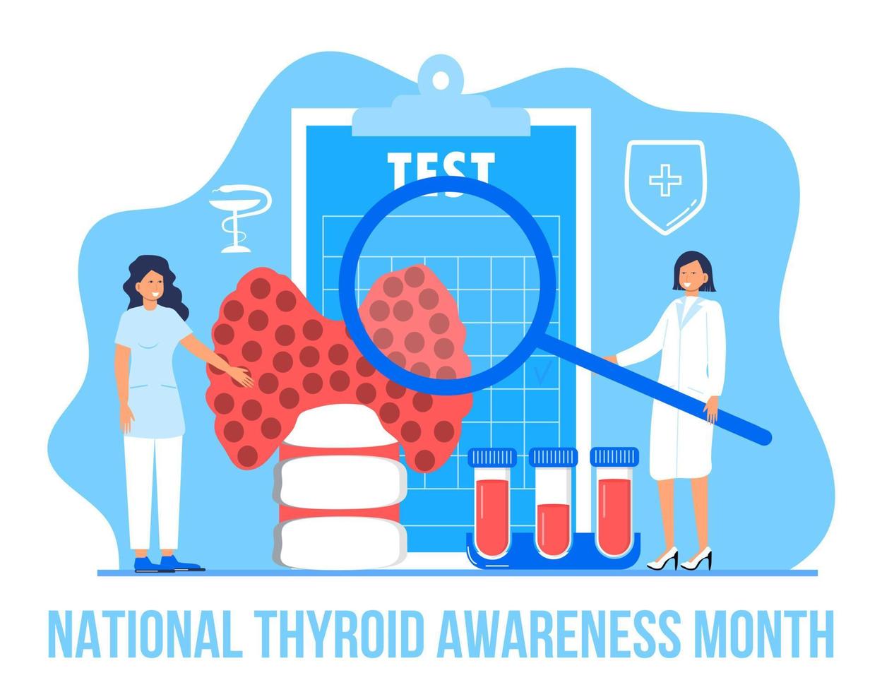 Thyroid Awareness Month is celebrated in January in USA. Hypothyroidism concept vector. Endocrinologists diagnose and treat human thyroid gland. vector