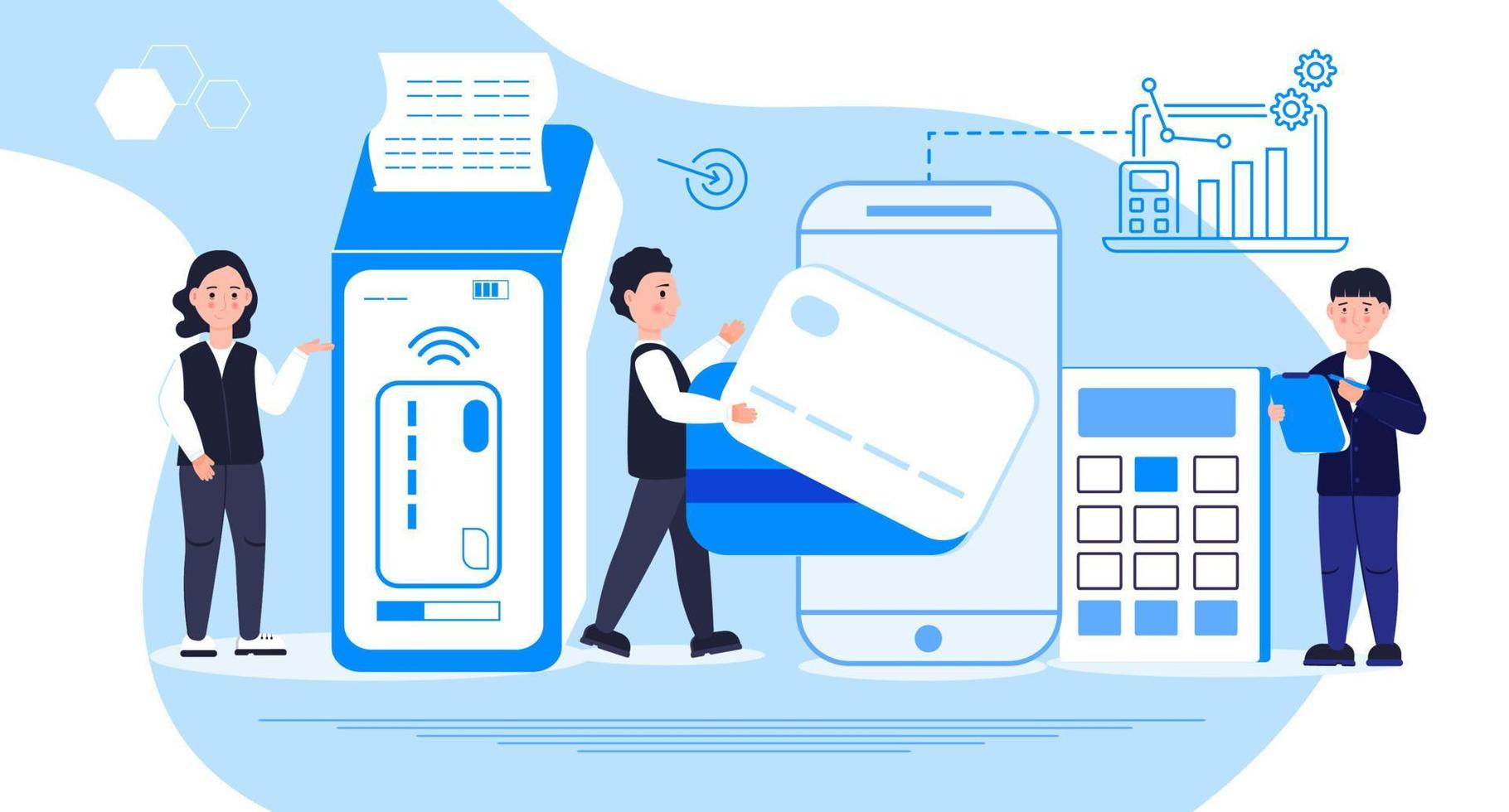 NFC terminal concept vector. NFC payments by bank credit card. POS terminal confirms e-payment using smartphone. Tiny customers make contactless or wireless purchase. vector