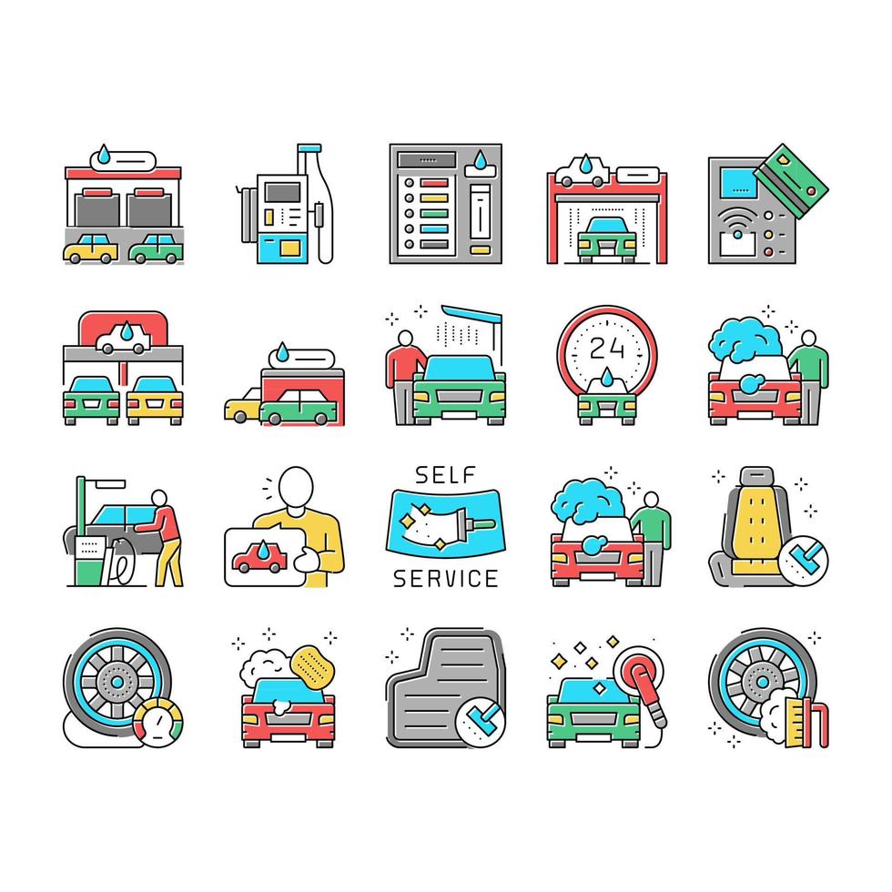 conjunto de iconos de colección de autoservicio de lavado de autos vector