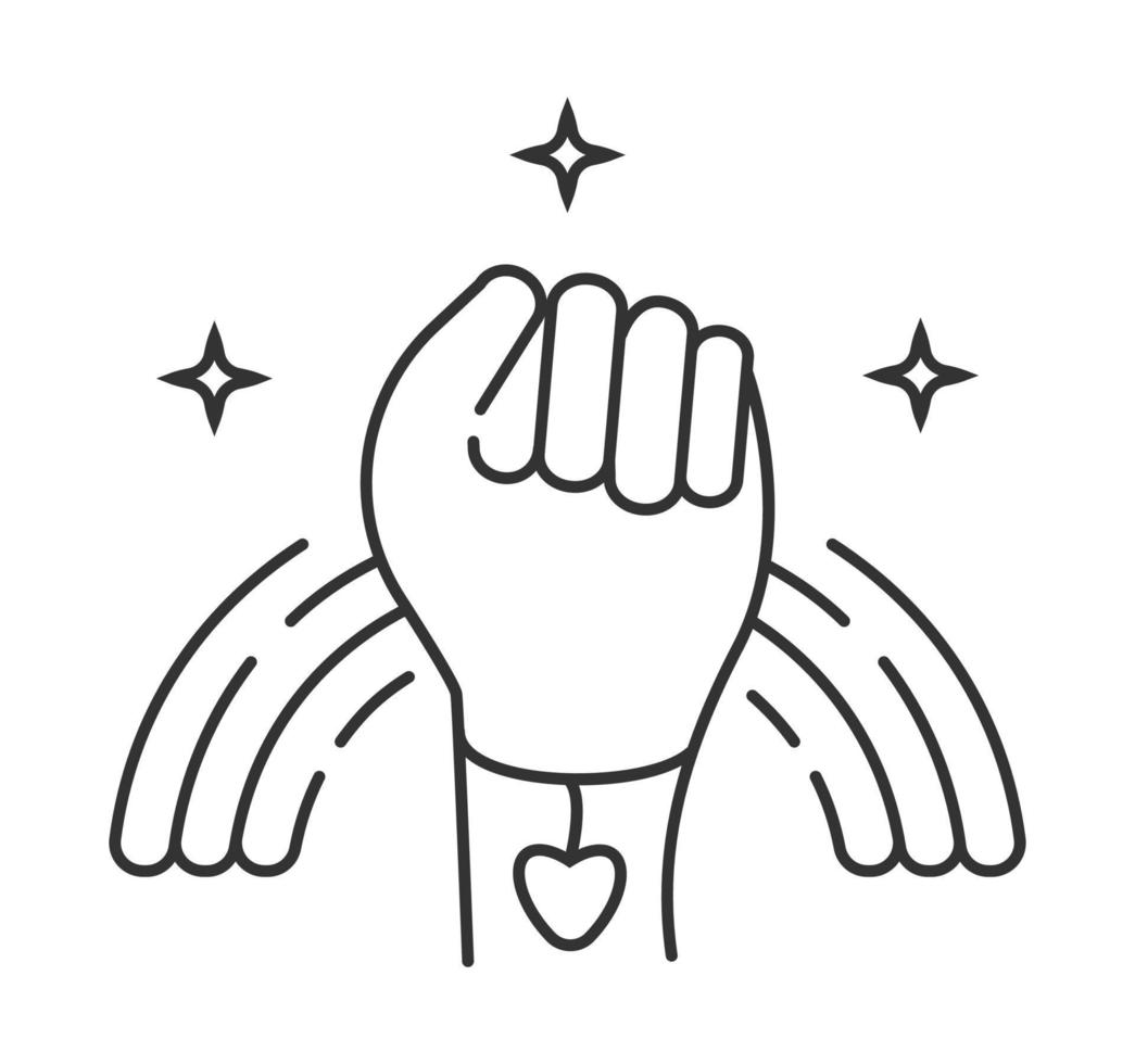 LGBT pride icon vector. Fist and rainbow with bracelet and heart, hand are shown. Pride month illustration in outline style. Gay, bisexual, lesbian vector