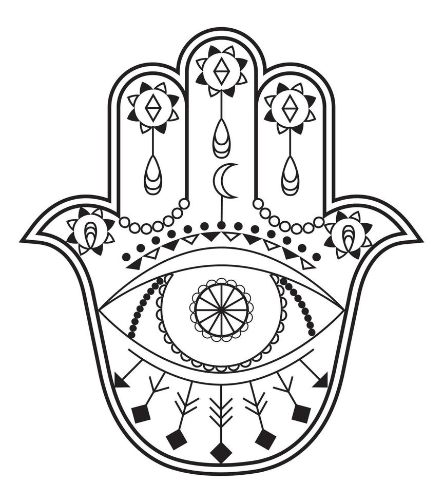 vector de mano hamsa con símbolos místicos y esotéricos como pirámide, mal de ojo. página de color indio, tatuaje, ilustración de henna. wicca, arte astrológico, oculto.