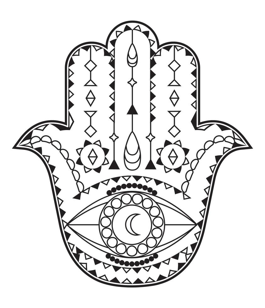 vector de mano hamsa con símbolos místicos y esotéricos como pirámide, mal de ojo. página de color indio, tatuaje, ilustración de henna. wicca, arte astrológico, oculto.