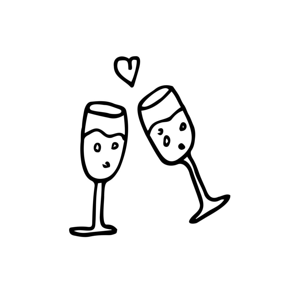 Vector line drawing ofcheering with glasses of wine or champagne. Minimalism sketch hand drawn isolated on white background. Simplicity line art abstract style.