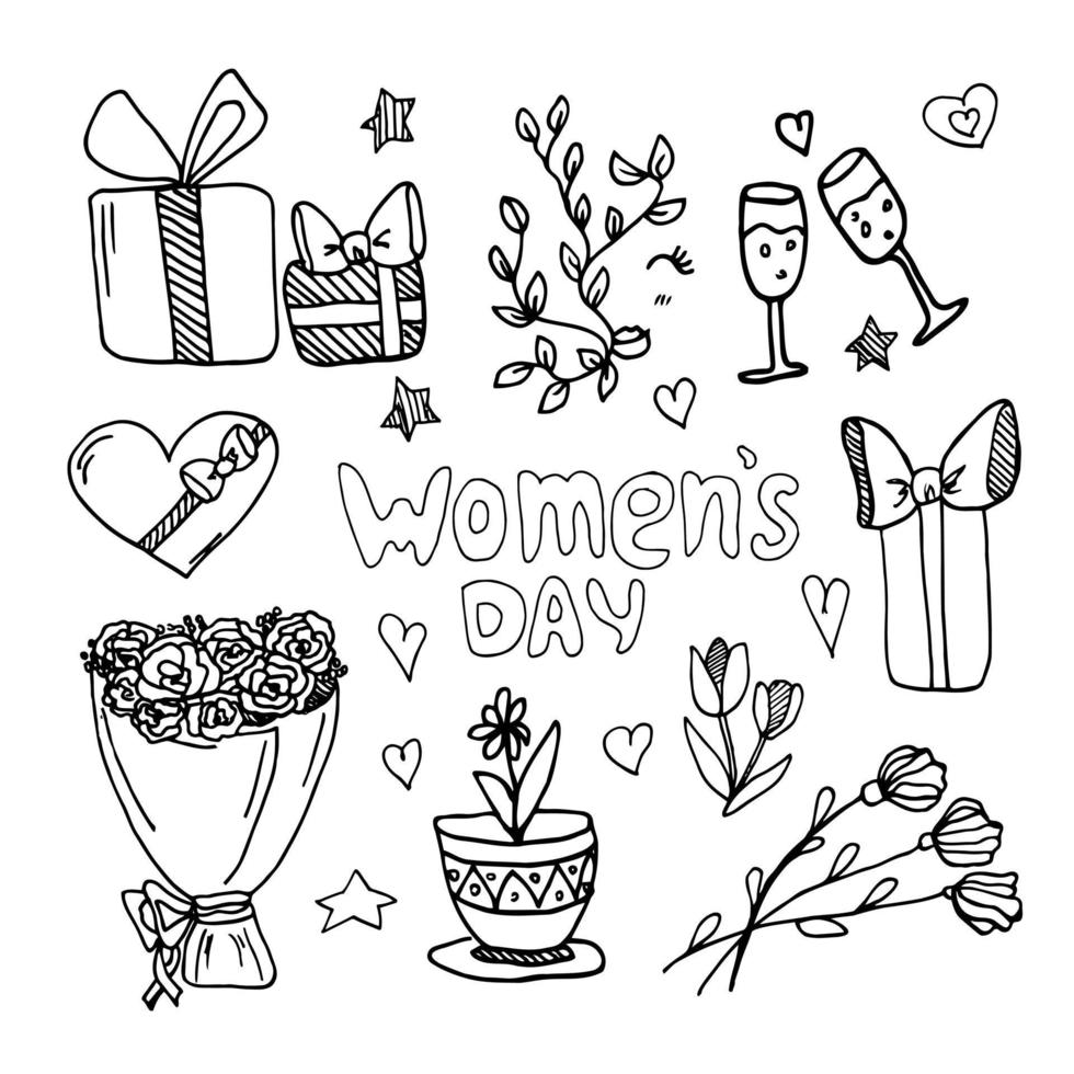 Cartoon cute doodles hand drawn women's day inscription. Sketchy detailed illustration. Lots of objects background. Funny vector holiday artwork