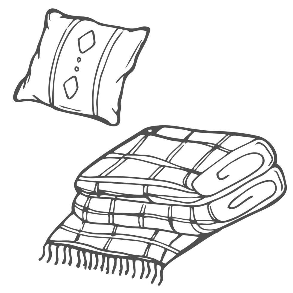 doodle plaid y cojín. boceto de concepto de hogar acogedor vector