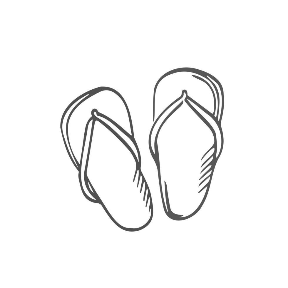 Slipper couple hand drawn sketch, Shoes pair black and white doodle, Slippers vector isolated illustration, Beach slippers icon, Flat linear vector slippers icon on white background,