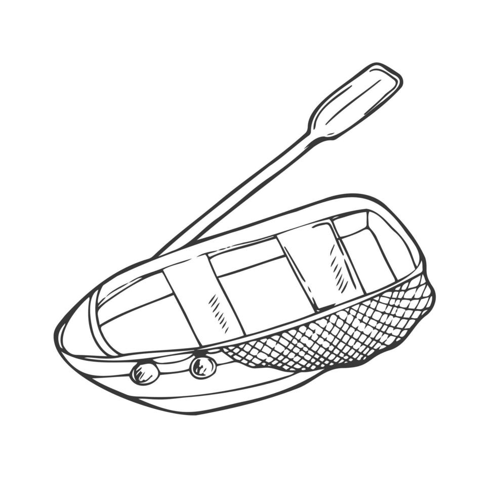 Doodle Wooden boat. Vector drawing . Isolated on a white background, vector. Elements for Print for a postcard and Illustration for a T-shirt. Camping. Travel. Fishing