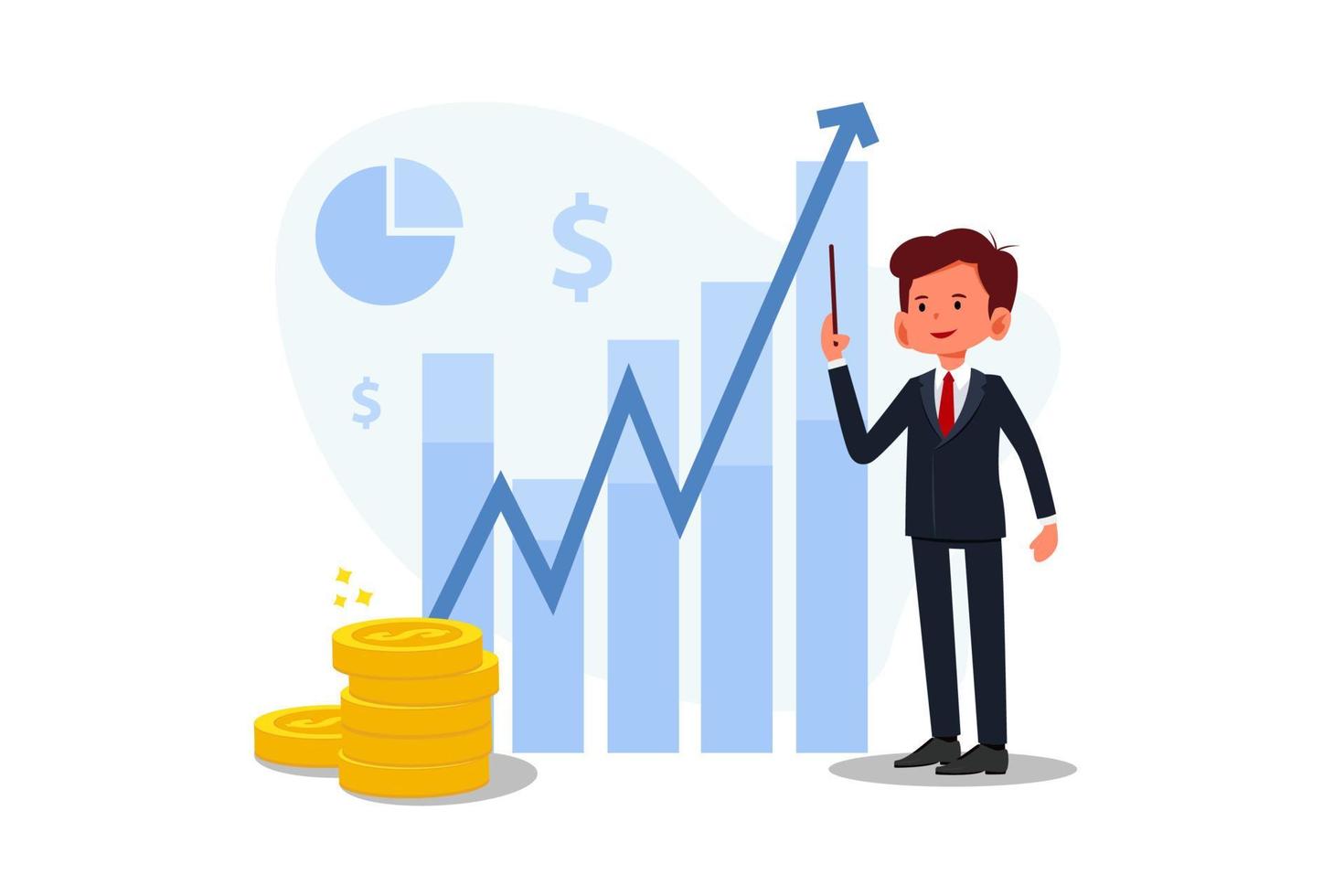 Cartoon vector illustration of man standing with growing chart.