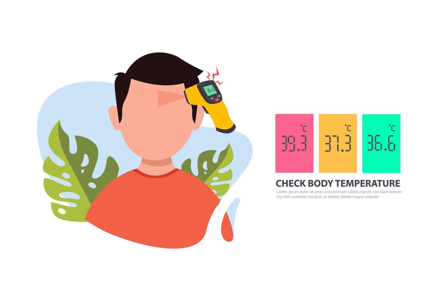 ilustración plana simple que muestra el signo de verificación de la temperatura corporal durante el brote de covid-19. vector