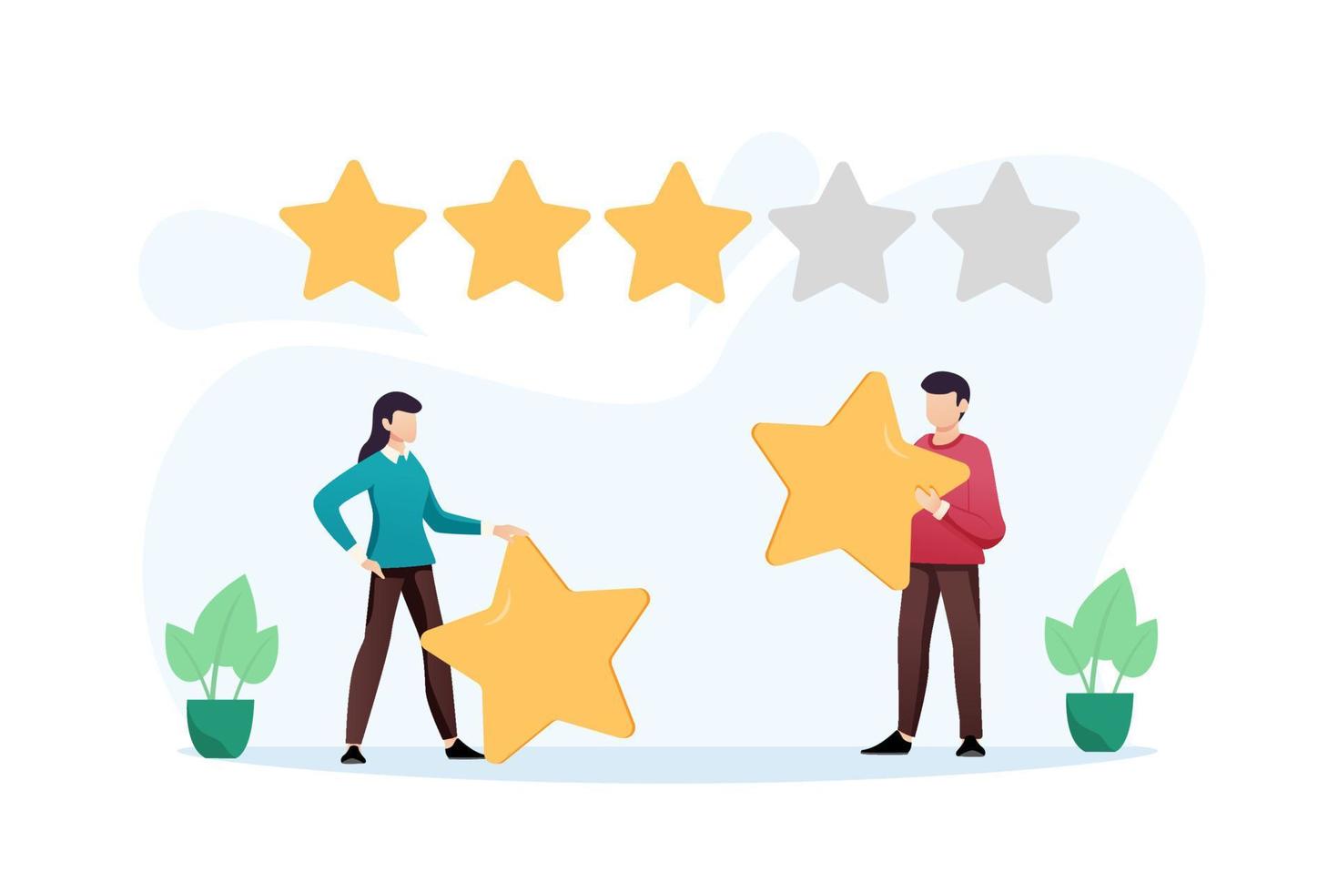 Customer review rating. Different People give review rating and feedback. Flat vector illustration. Customer choice. Know your client concept. Rank rating stars feedback. Business satisfaction support