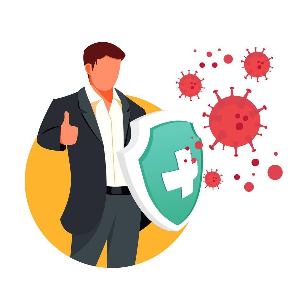businessman holding knight shield to protect from COVID-19 Virus vector