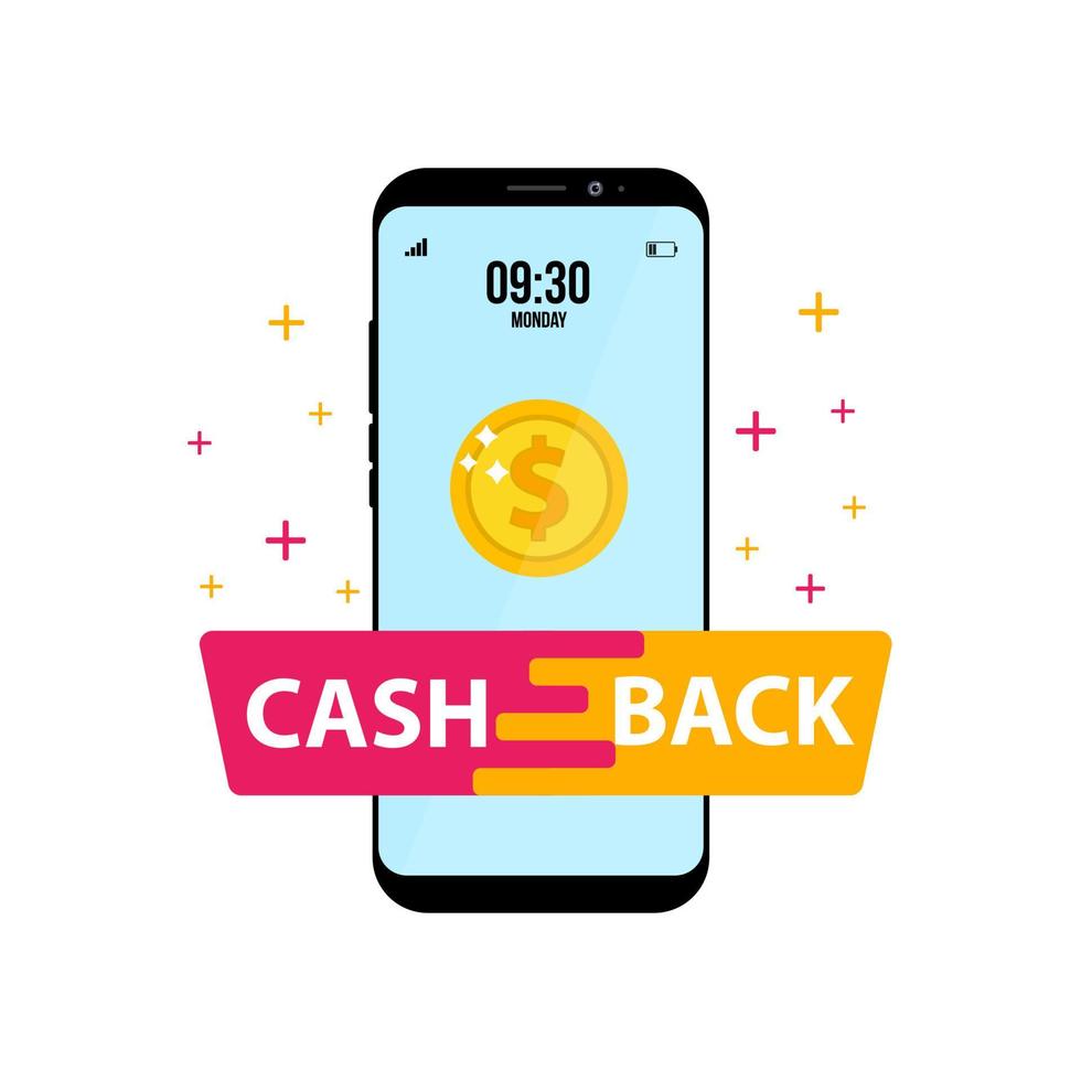 Cashback concept. Saving money. Money refund. Pile coins and phone with button. vector