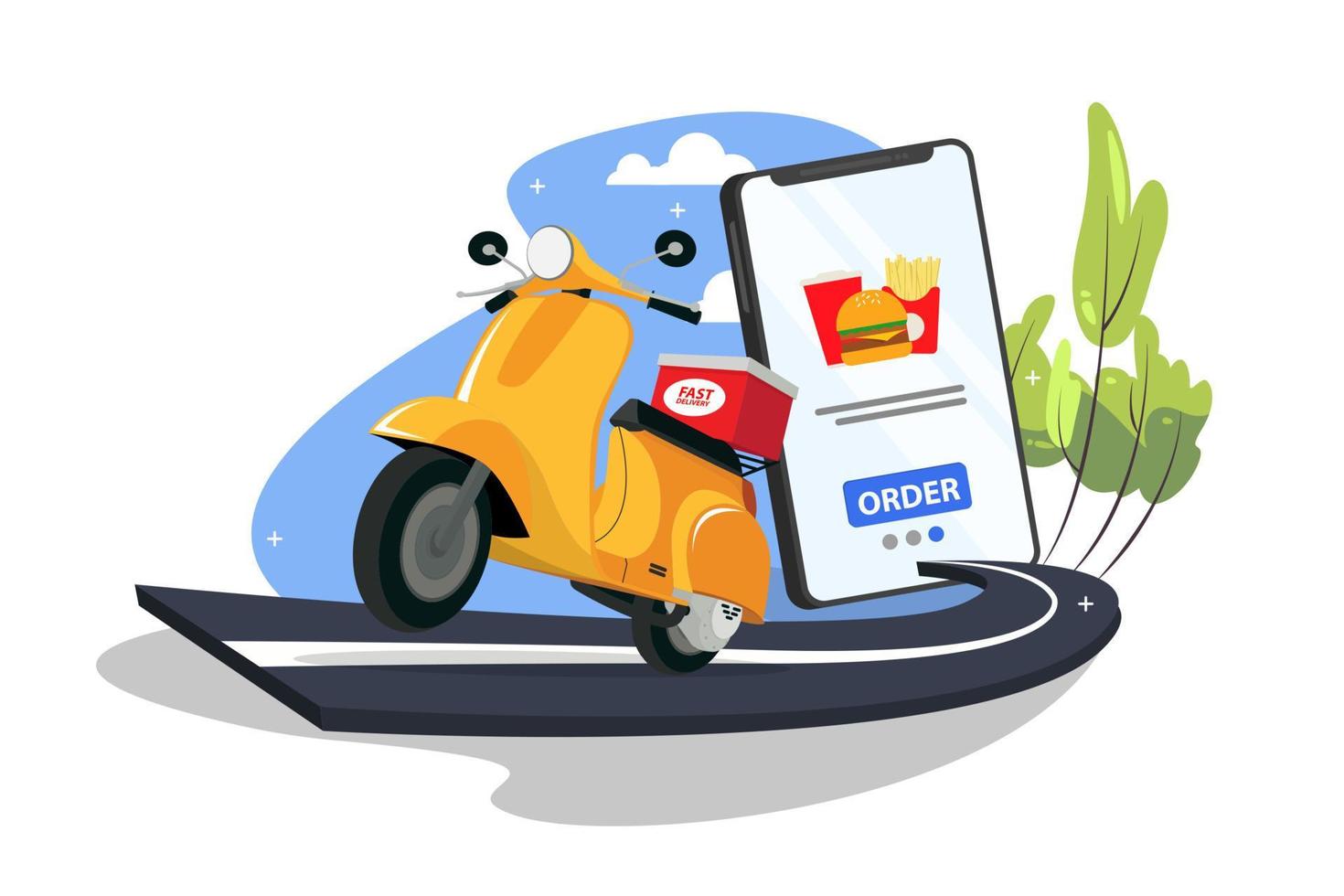 Online order and delivery by scooter concept with brown cardboard box vector