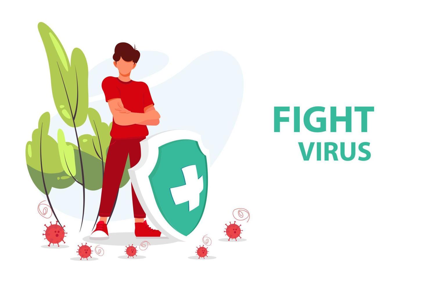 Vector Fight virus. Cartoon man character fighting with virus.