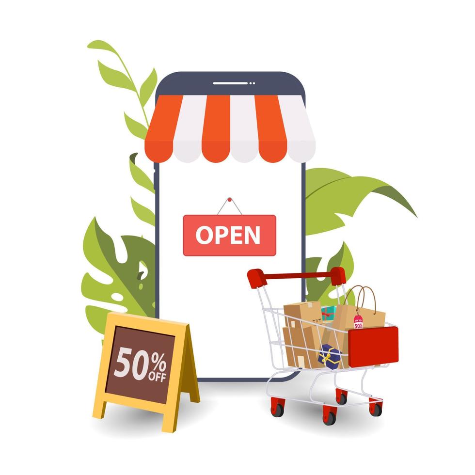 Mobile phone. Mobile store concept with awning. Vector illustration. Can use for promotion banner.