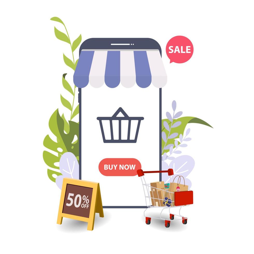 Shopping Online on Mobile phone Application Concept illustration and Digital marketing promotion. vector