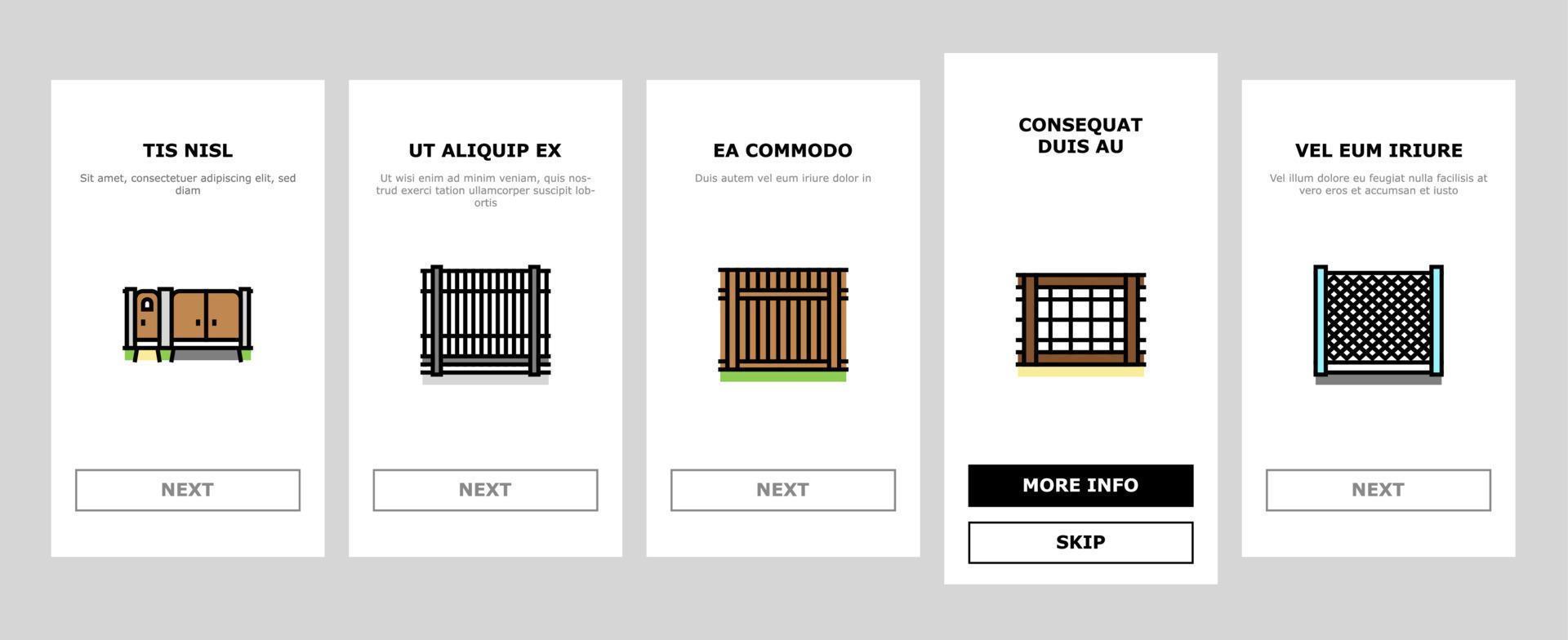 Fence And Gate Exterior Security onboarding icons set vector