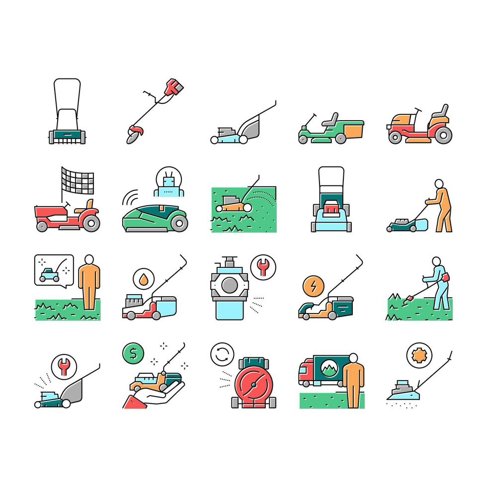 Lawn Mower Equipment Collection Icons Set Vector