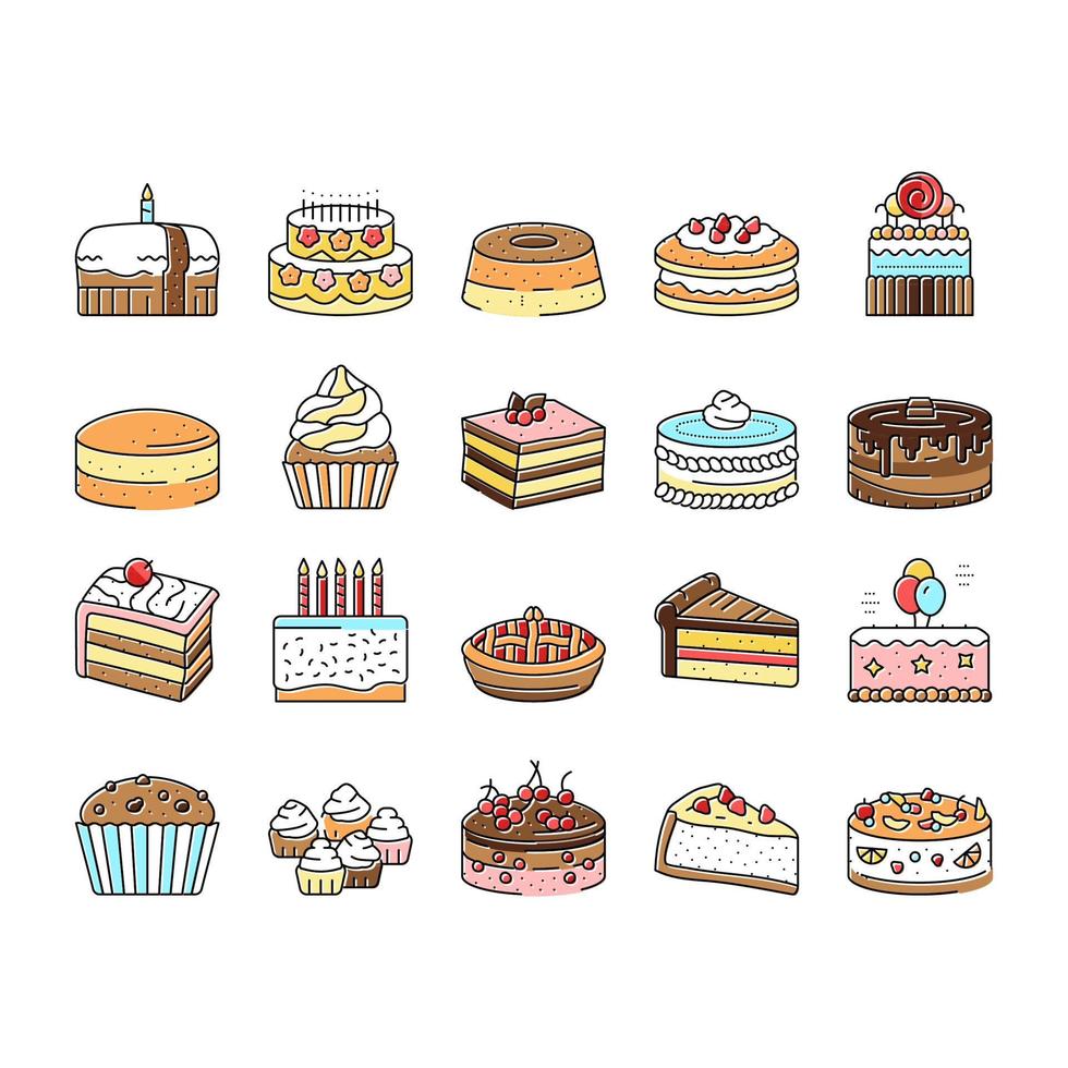 pastel cumpleaños comida postre fiesta iconos conjunto vector