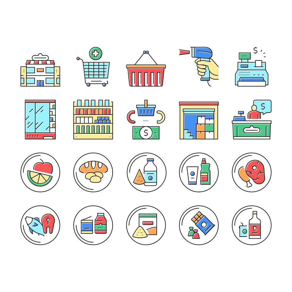 Los iconos de la colección de la tienda del supermercado establecen ilustraciones vectoriales vector