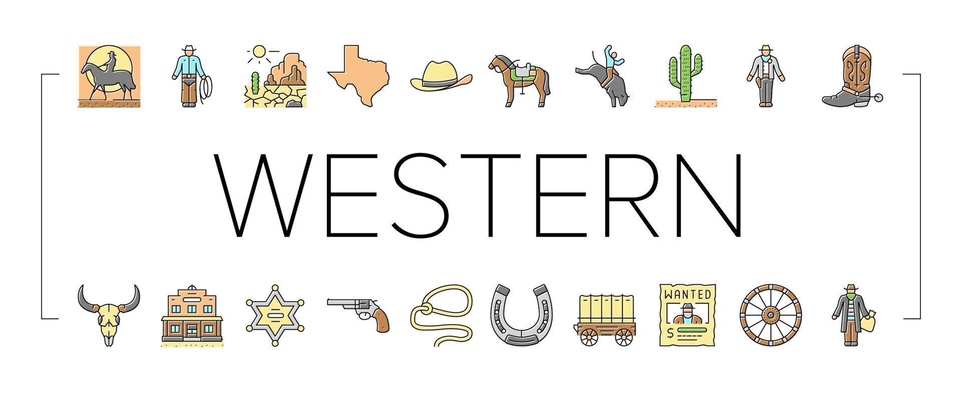 vaquero occidental y sheriff hombre iconos conjunto vector