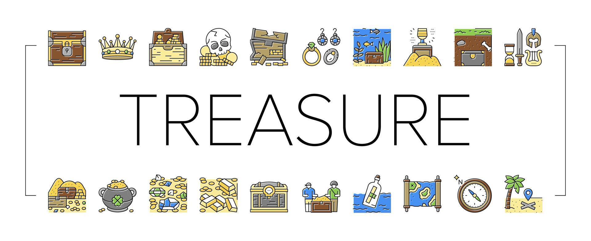 Treasure Golden Jewels In Chest Icons Set Vector