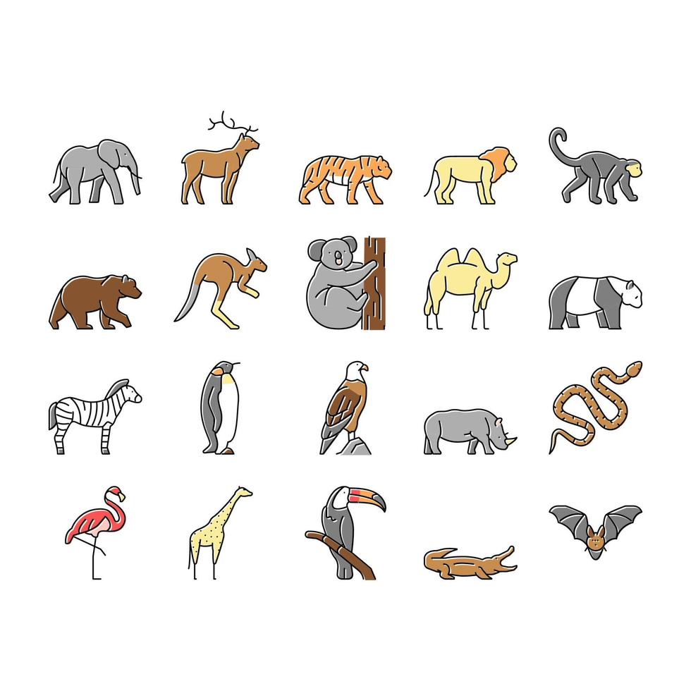 animales del zoológico, pájaros y serpientes iconos conjunto vector