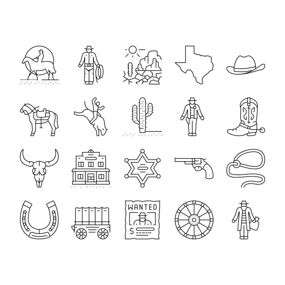 vaquero occidental y sheriff hombre iconos conjunto vector