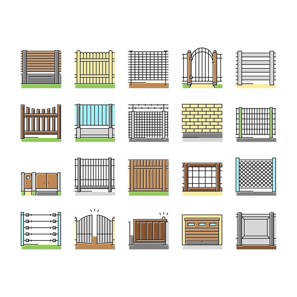 Fence And Gate Exterior Security Icons Set Vector