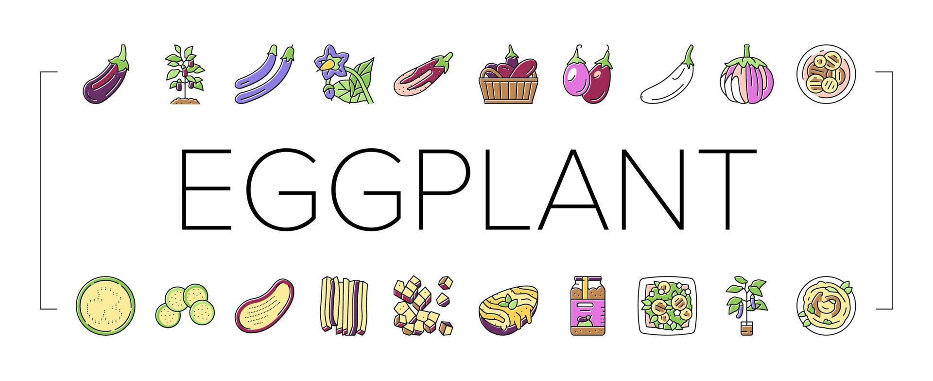 Eggplant Vitamin Bio Vegetable Icons Set Vector