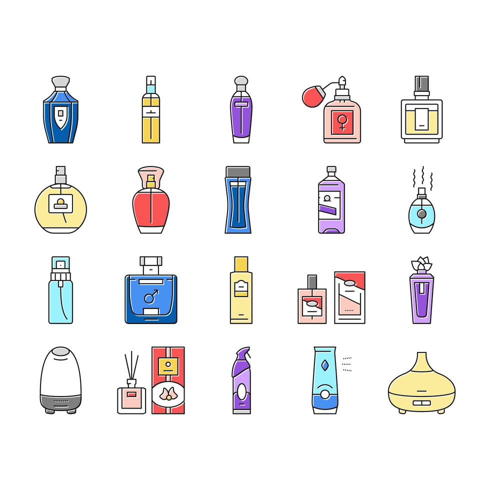 Fragancia botella perfume cosméticos iconos conjunto vector