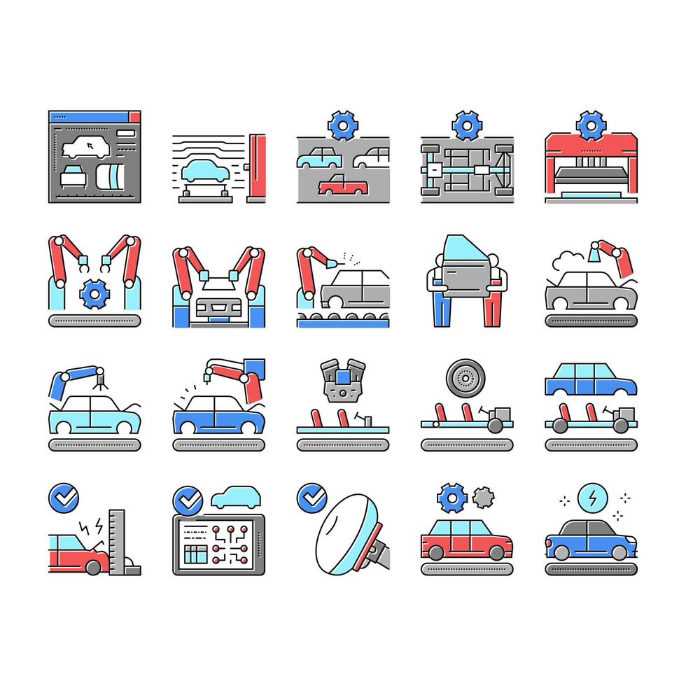 Car Factory Production Collection Icons Set Vector