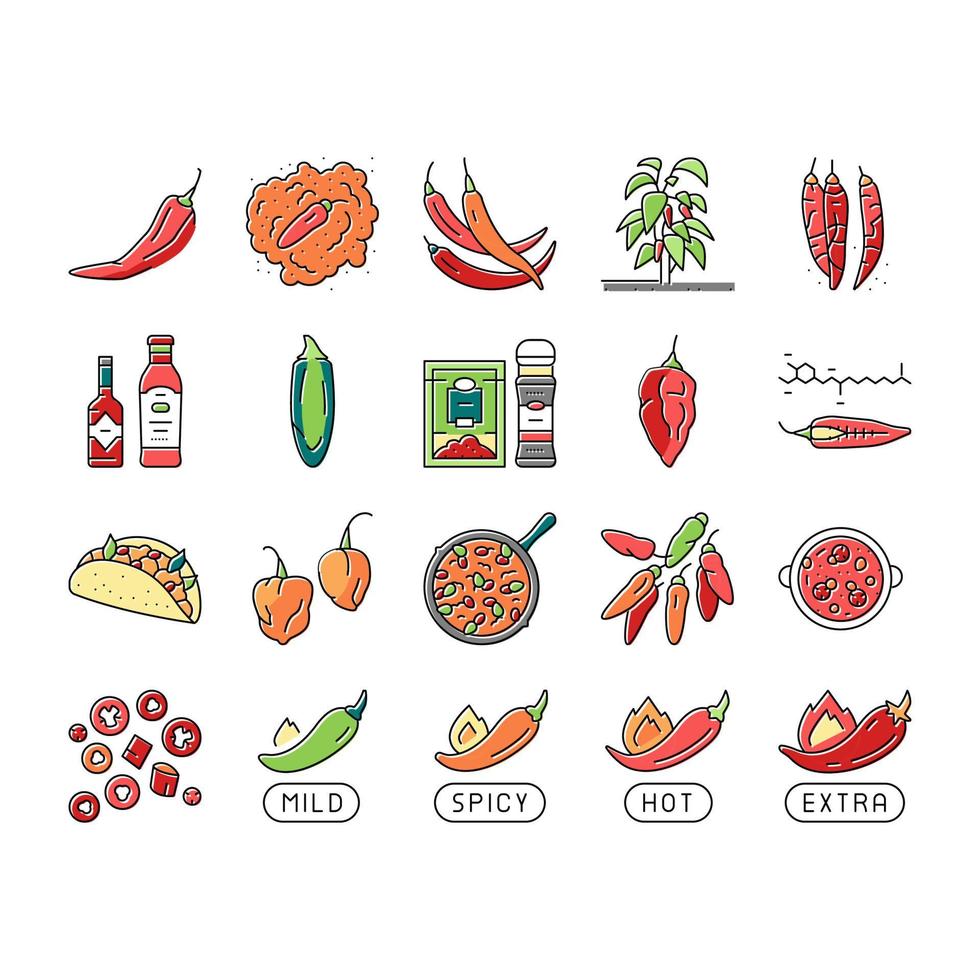 Chili Spicy Natural Vegetable Icons Set Vector