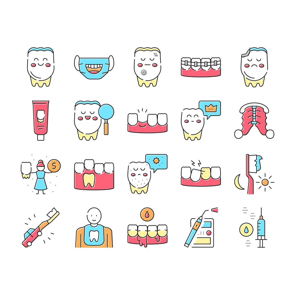 niños dentista cuidado dental iconos conjunto vector