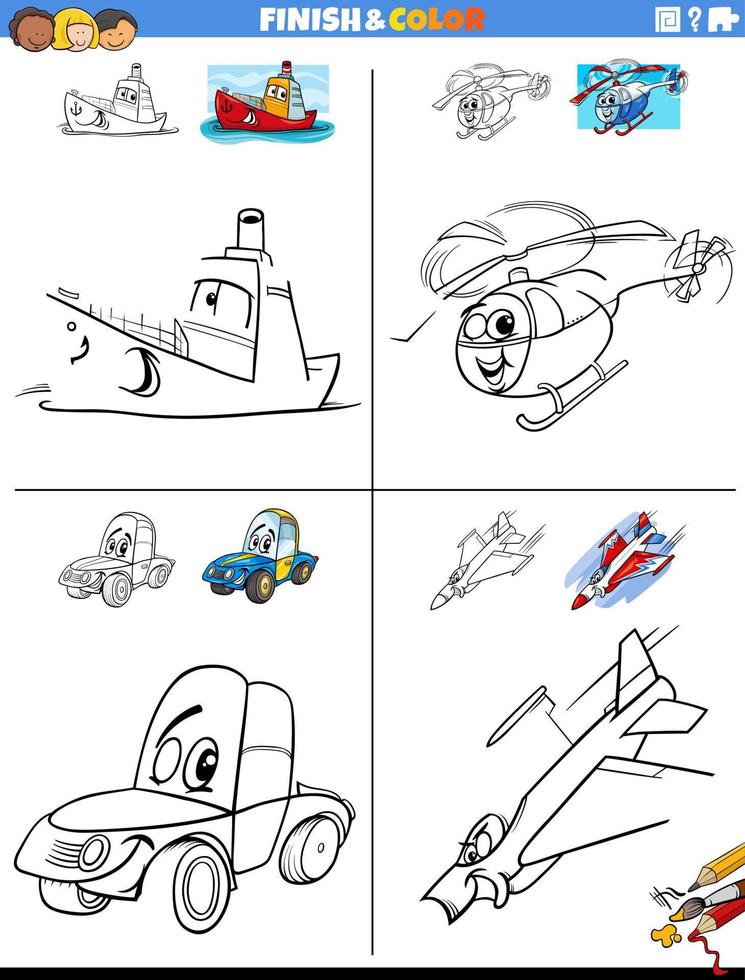 drawing and coloring worksheets set with comic vehicles vector