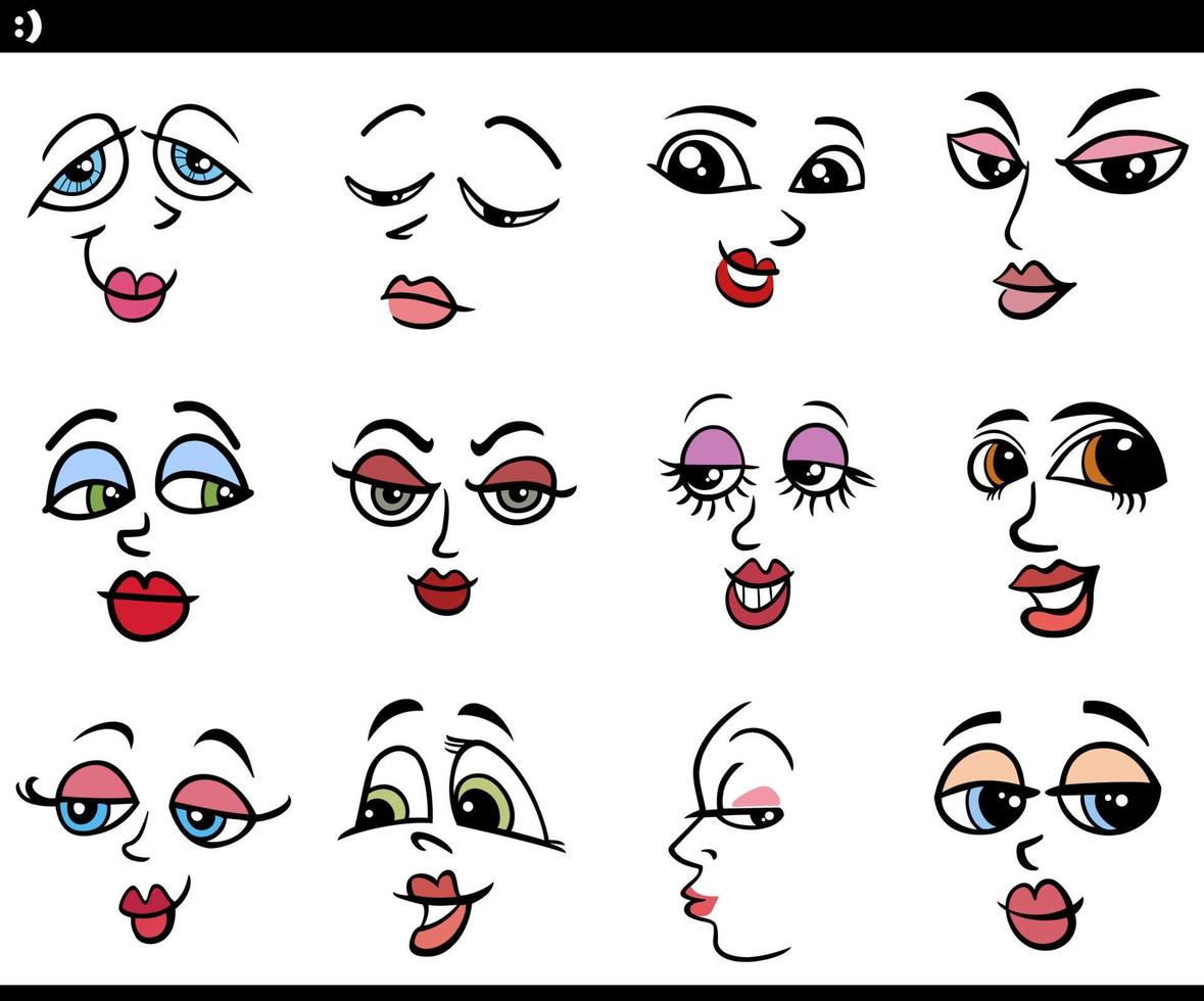 cartoon women characters faces or moods set vector