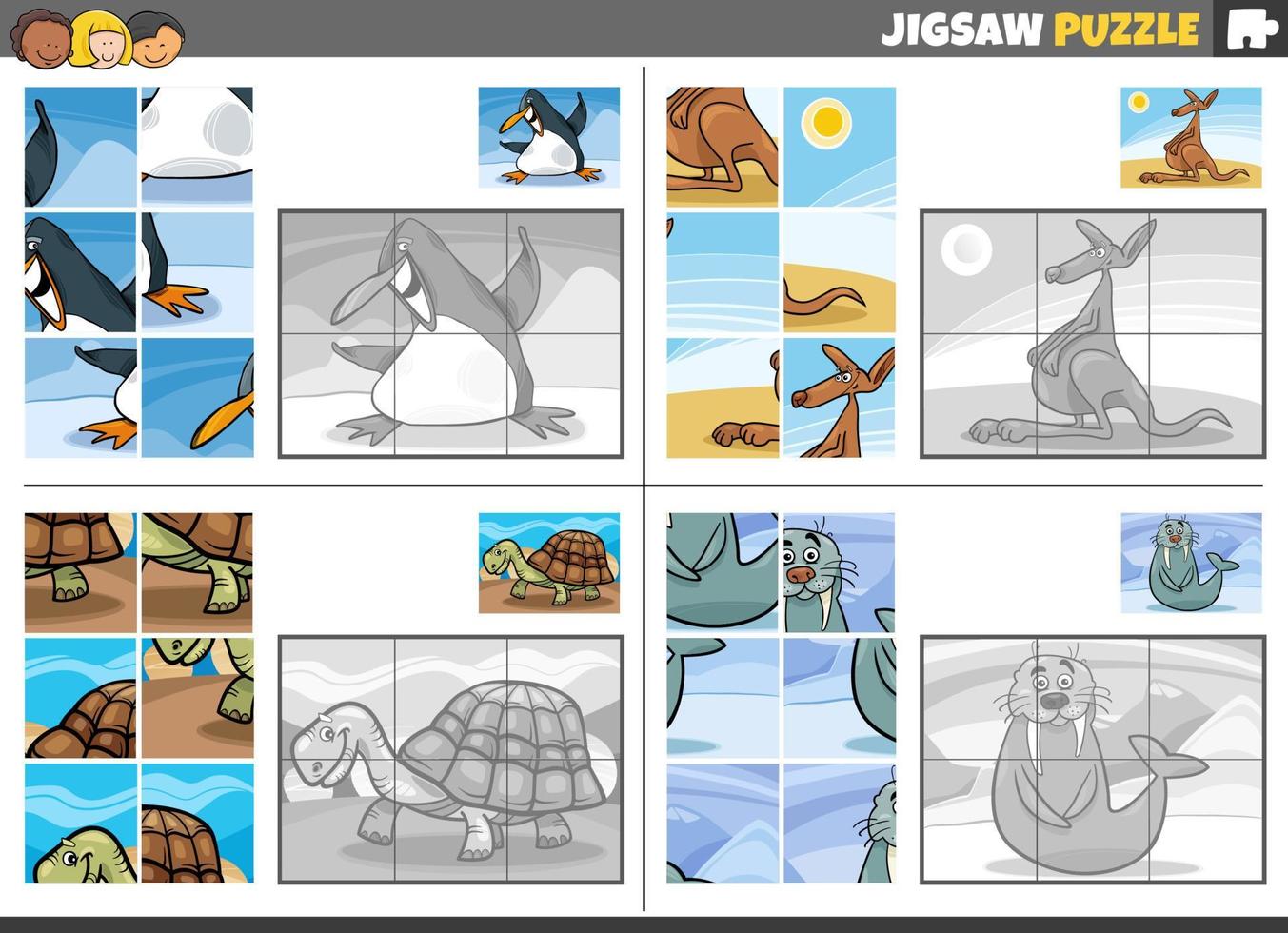 jigsaw puzzle game set with cartoon animal characters vector