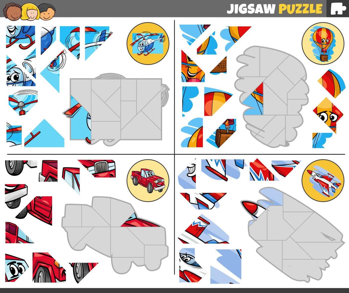 jigsaw puzzle game with cartoon transport characters vector