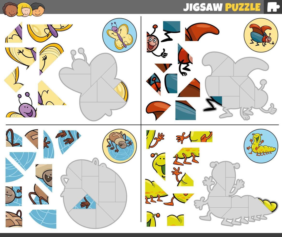 jigsaw puzzle task with cartoon insects characters vector