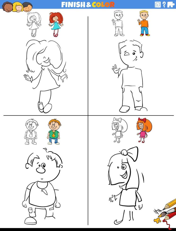 drawing and coloring worksheets set with cartoon kids vector
