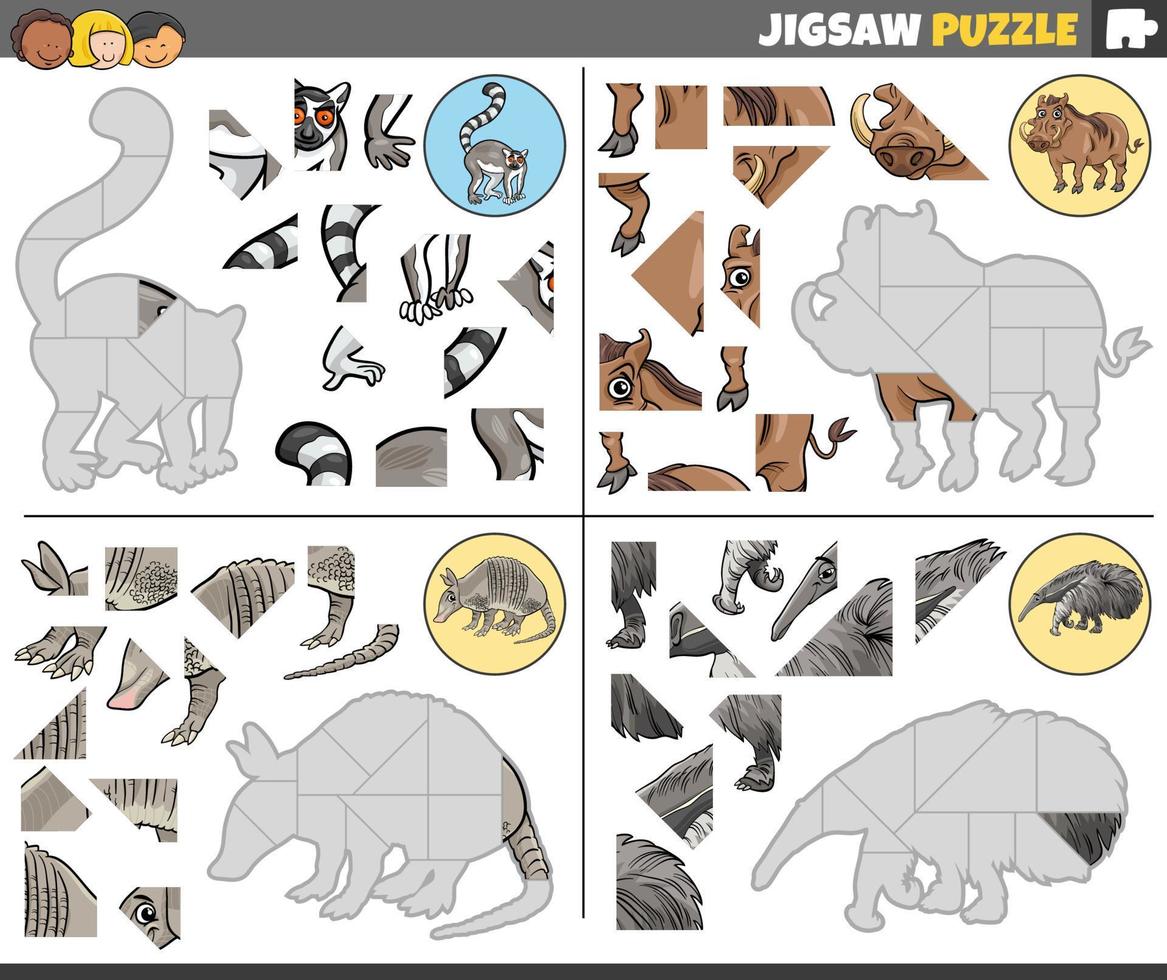 jigsaw puzzle tasks set with cartoon animal characters vector
