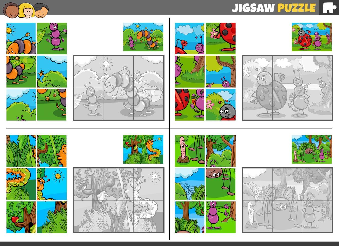 jigsaw puzzle game set with cartoon insects vector