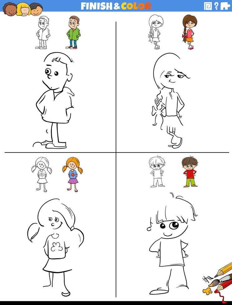 drawing and coloring worksheets set with cartoon children vector