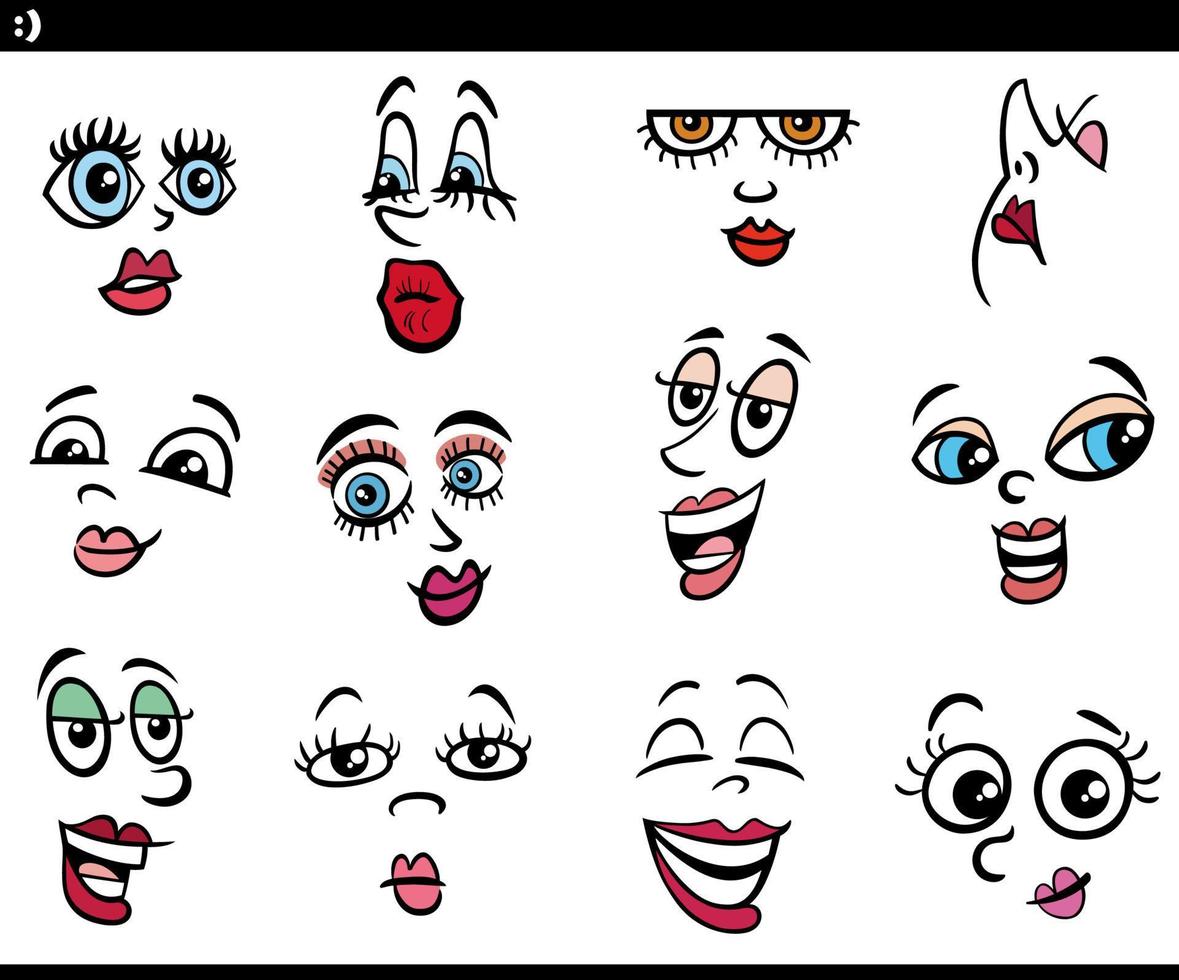 cartoon women characters faces or design elements set vector