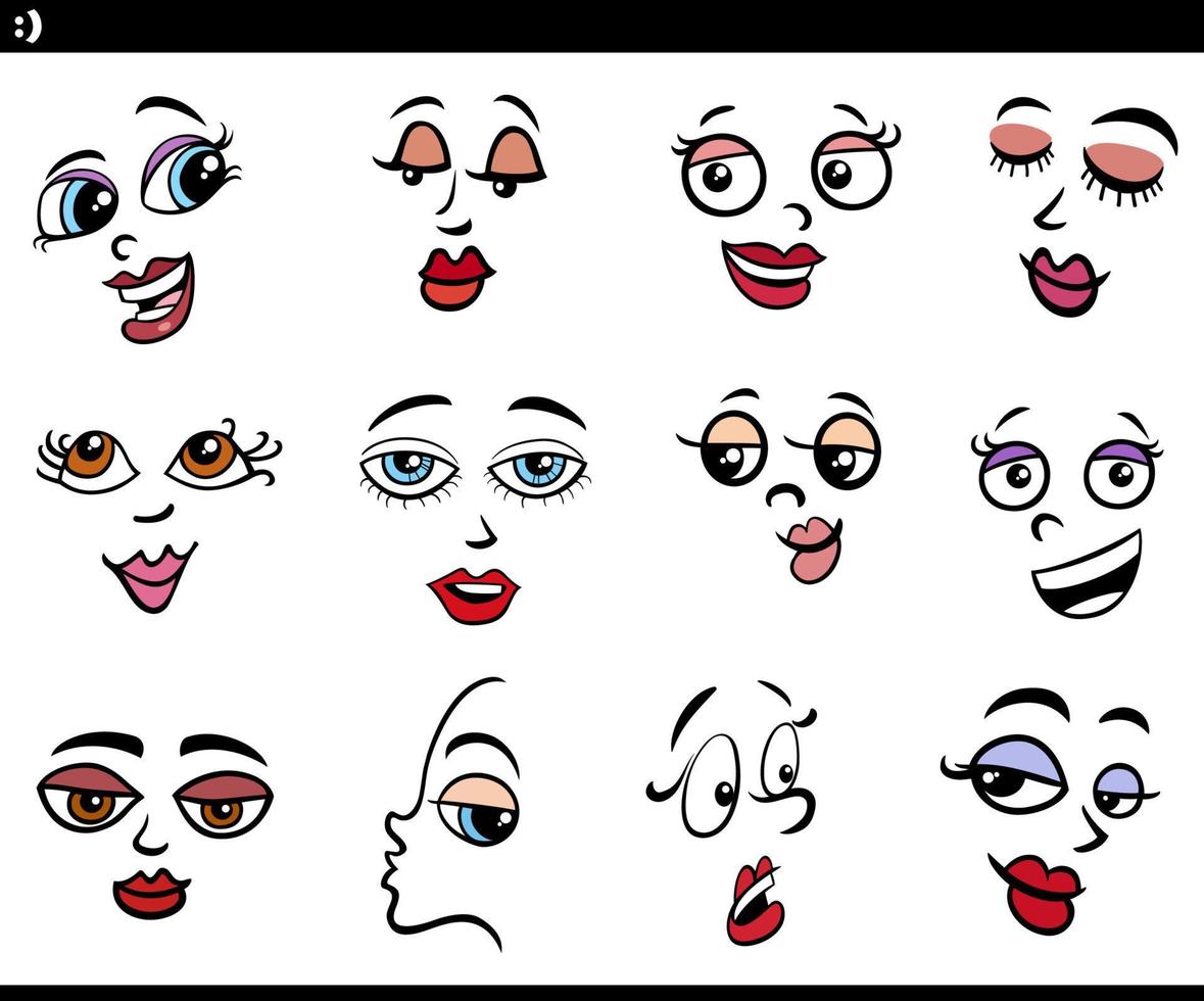 caras de personajes de mujeres de dibujos animados o conjunto de elementos de diseño vector