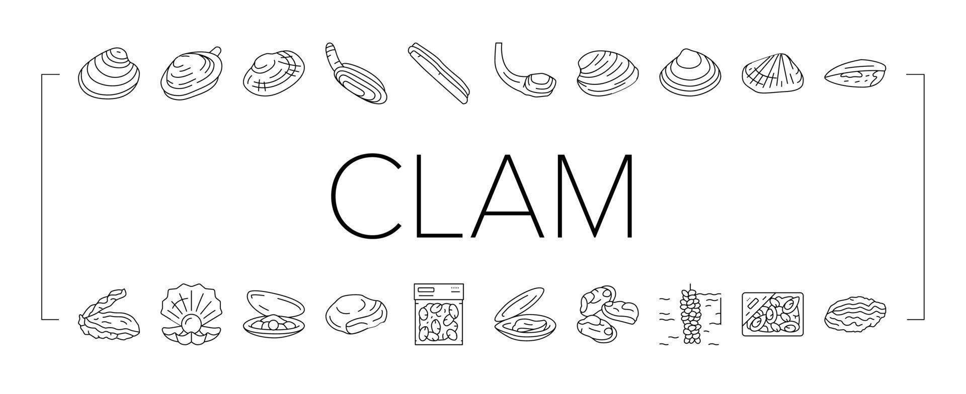 Clam Marine Sea Farm Nutrition Icons Set Vector